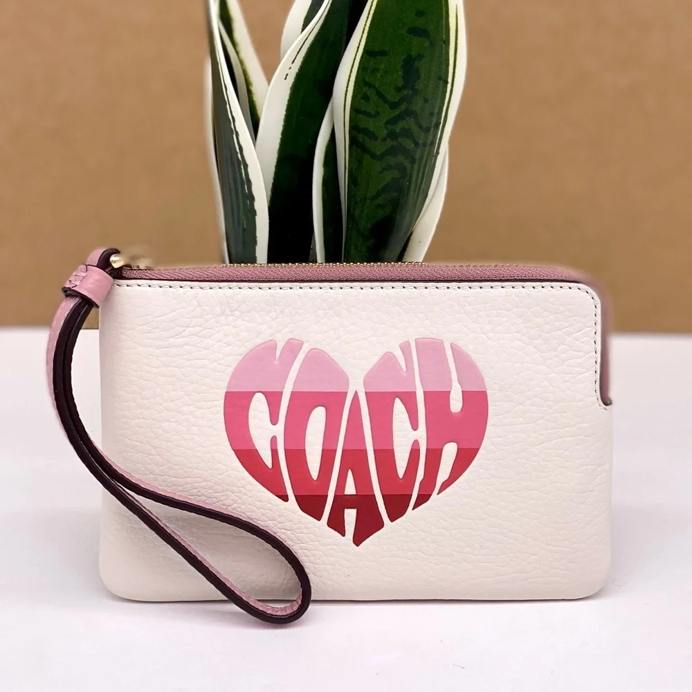 COACH Corner Zip Wristlet Wallet With Stripe Heart Motif